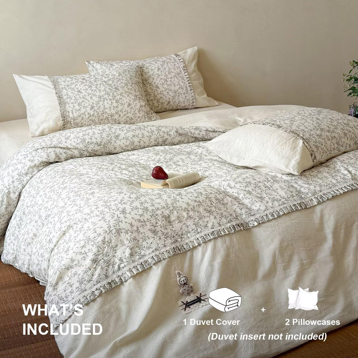 Floral Duvet Cover with 2 Pillowcases, 80"×90", Cotton Linen