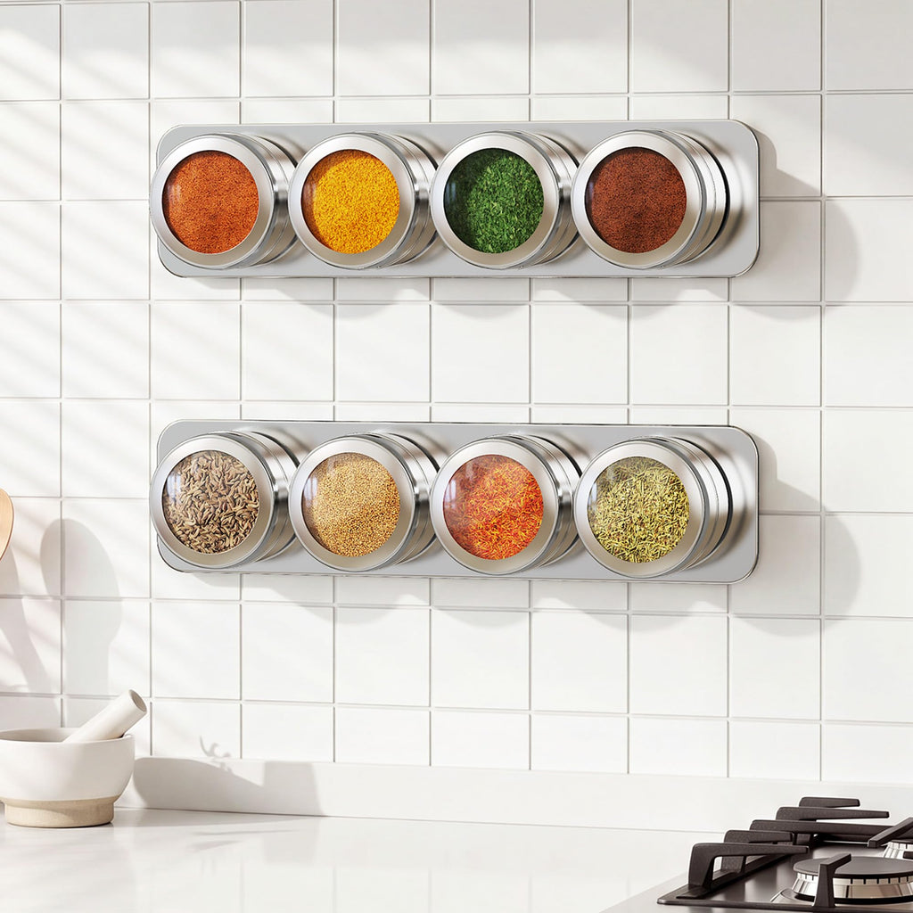 Set of 8 Magnetic Spice Tins with 2 Metal Wall-Plates,120 Preprinted Seasoning Label Stickers,2 Styles for 3 oz Herb