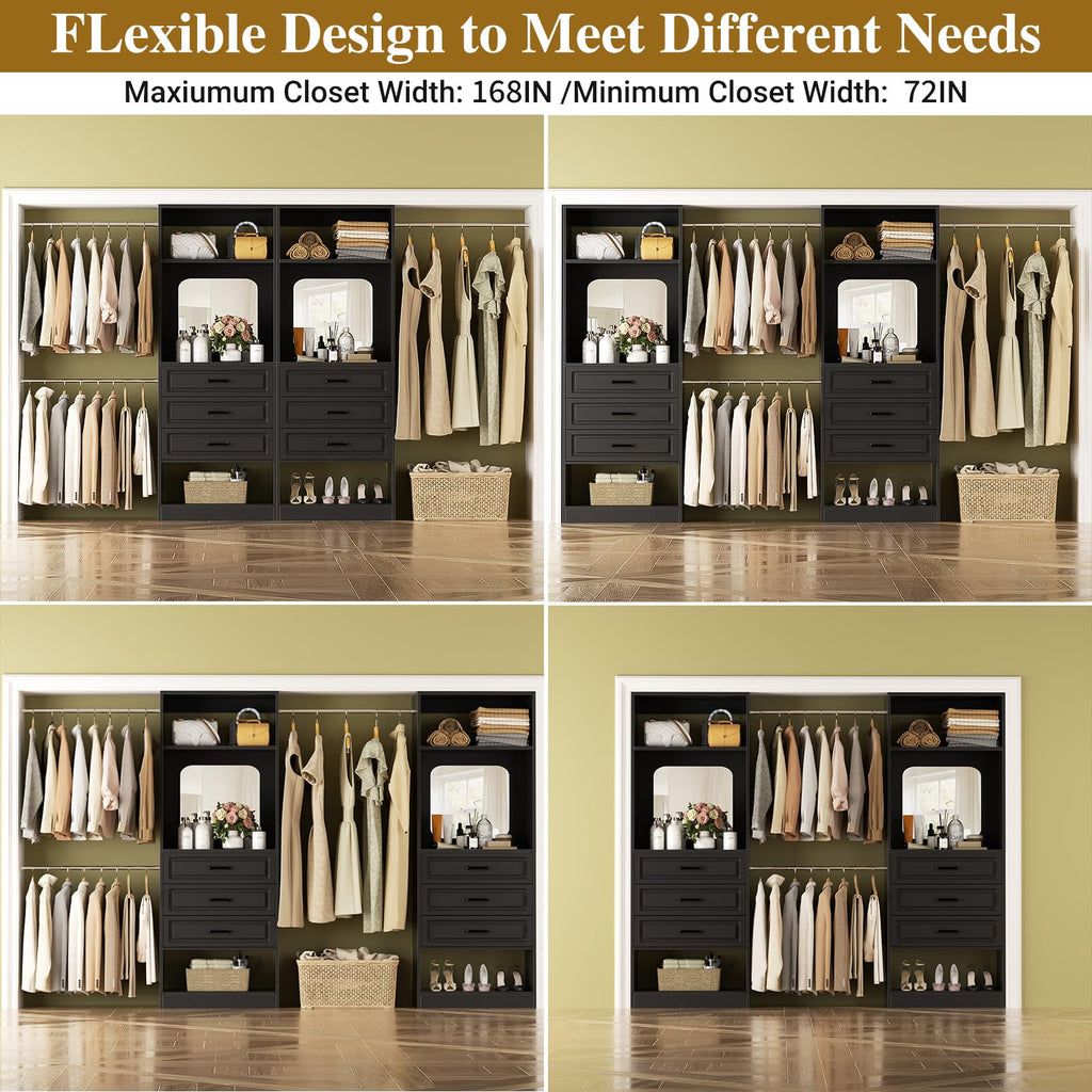 6-14FT Wood Closet System with 6 Drawers and Mirror, Black