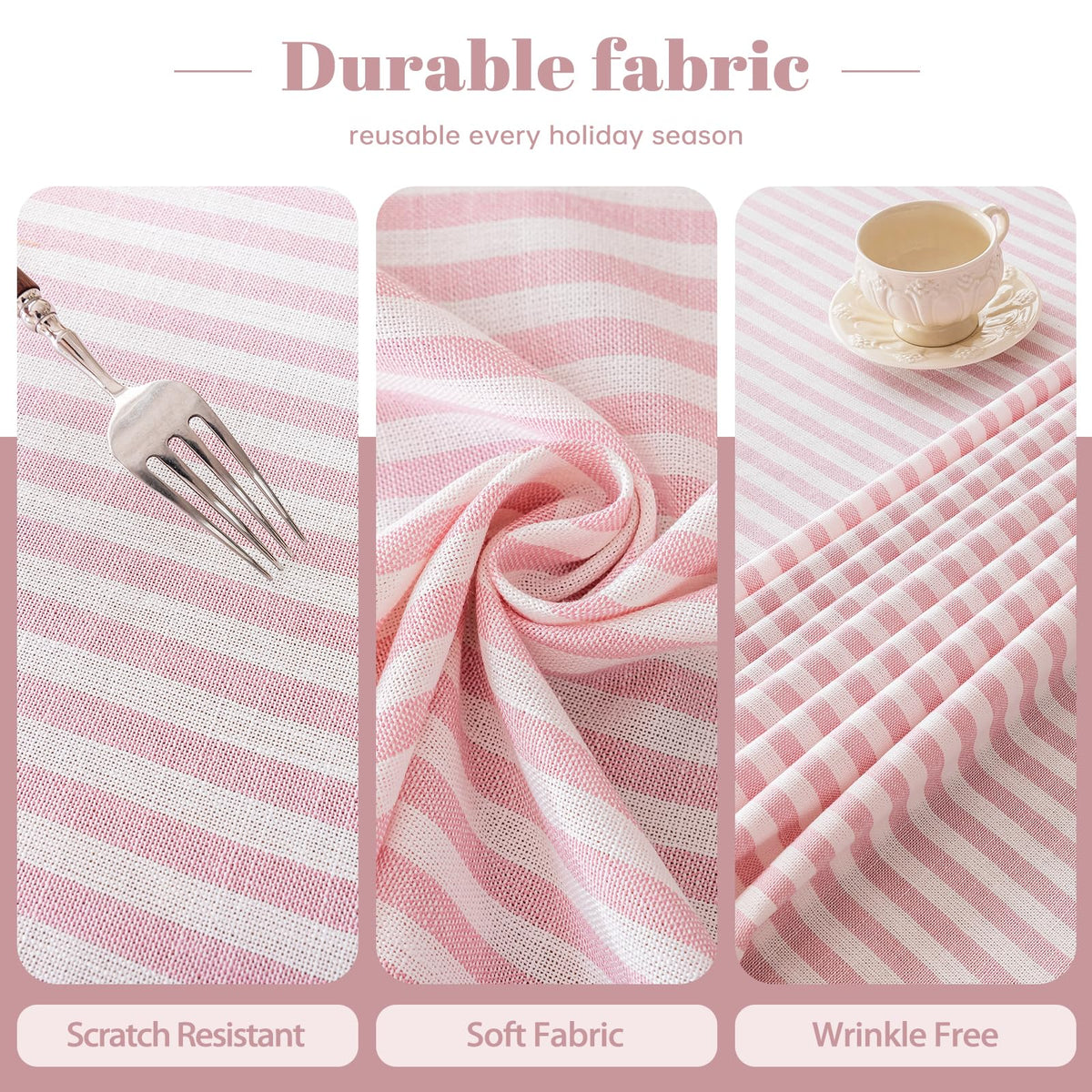 Pink Striped Tablecloth Rectangle 55 x 106 inch Cotton Linen Fabric