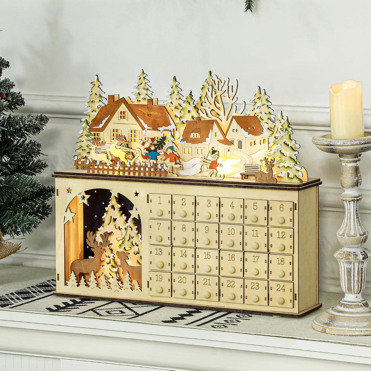 Christmas Advent Calendar Light Up Kids Adults 24 Drawers Natural