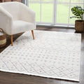 Trellisade Collection Living Room Area Rug - Moroccan Trellis Farmhouse - High Low Fringe Carpet - White, Cream, Gray