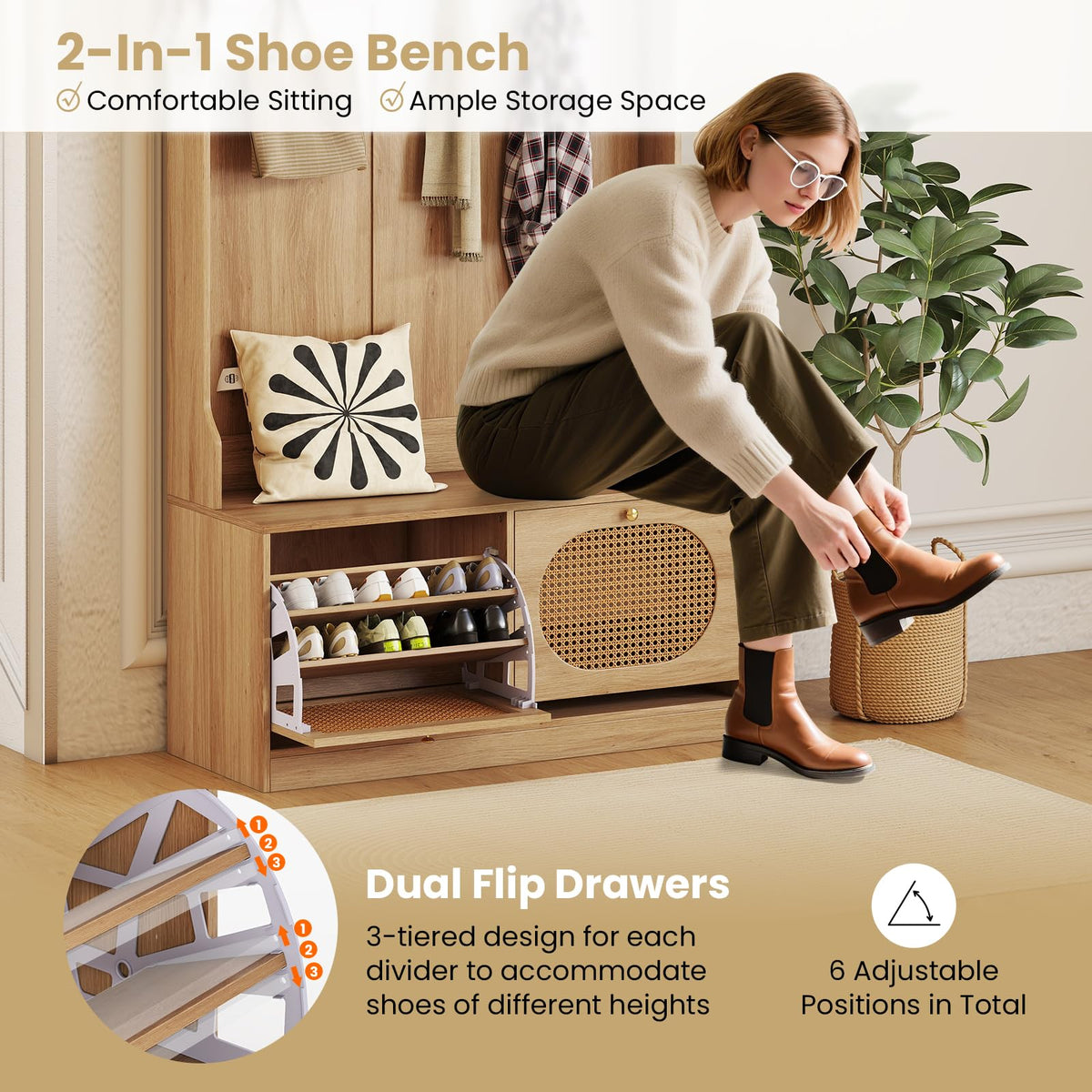 4-In-1 Hall Tree with Bench and Shoe Storage, Entryway Bench with Coat Rack & Flip Shoe Racks, Dual-Hook Hangers & PE