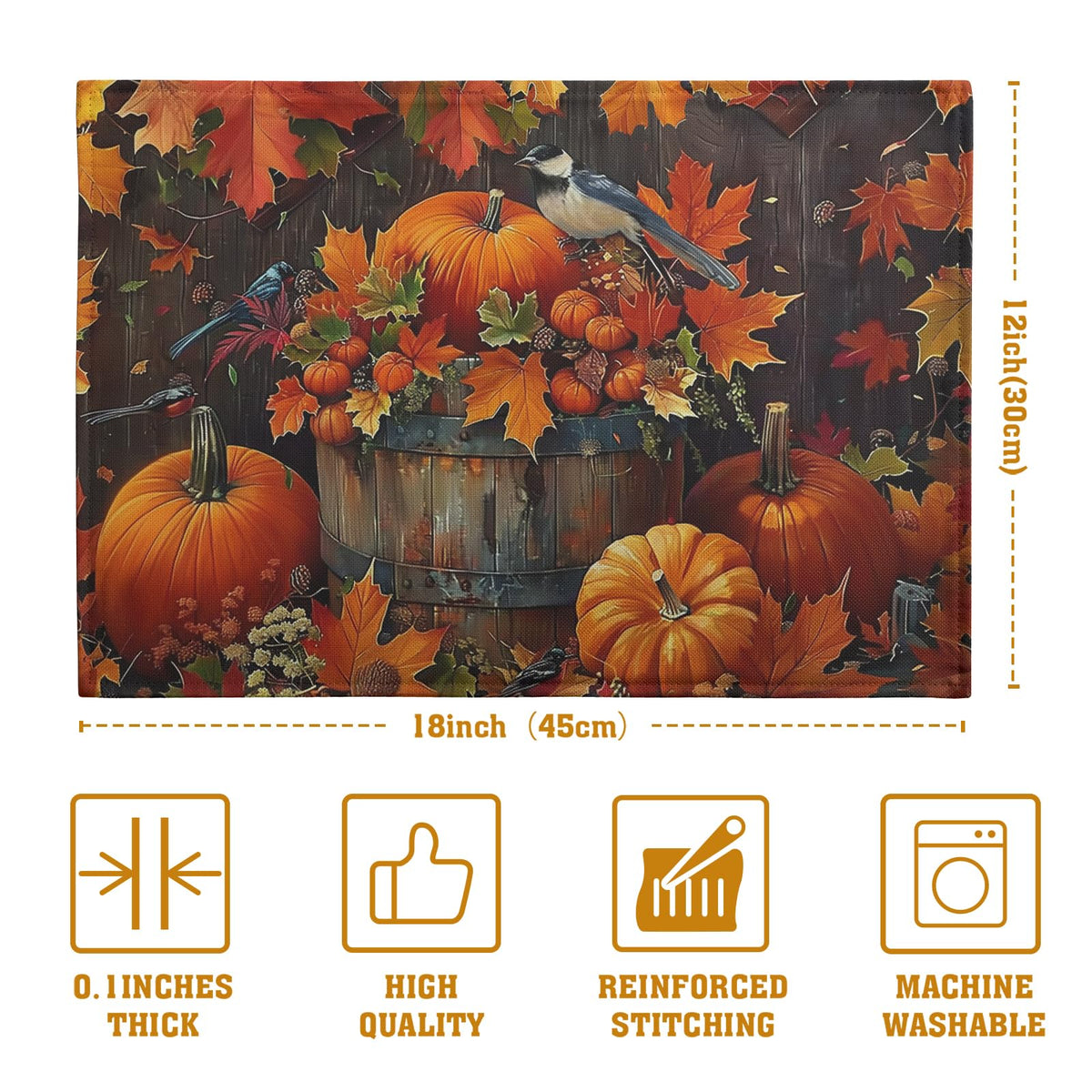 Pumpkin Maple Leaf Bird Fall Placemats Set of 4 Autumn Thanksgiving Seasonal Holiday Harvest Linen Table Mats Orange