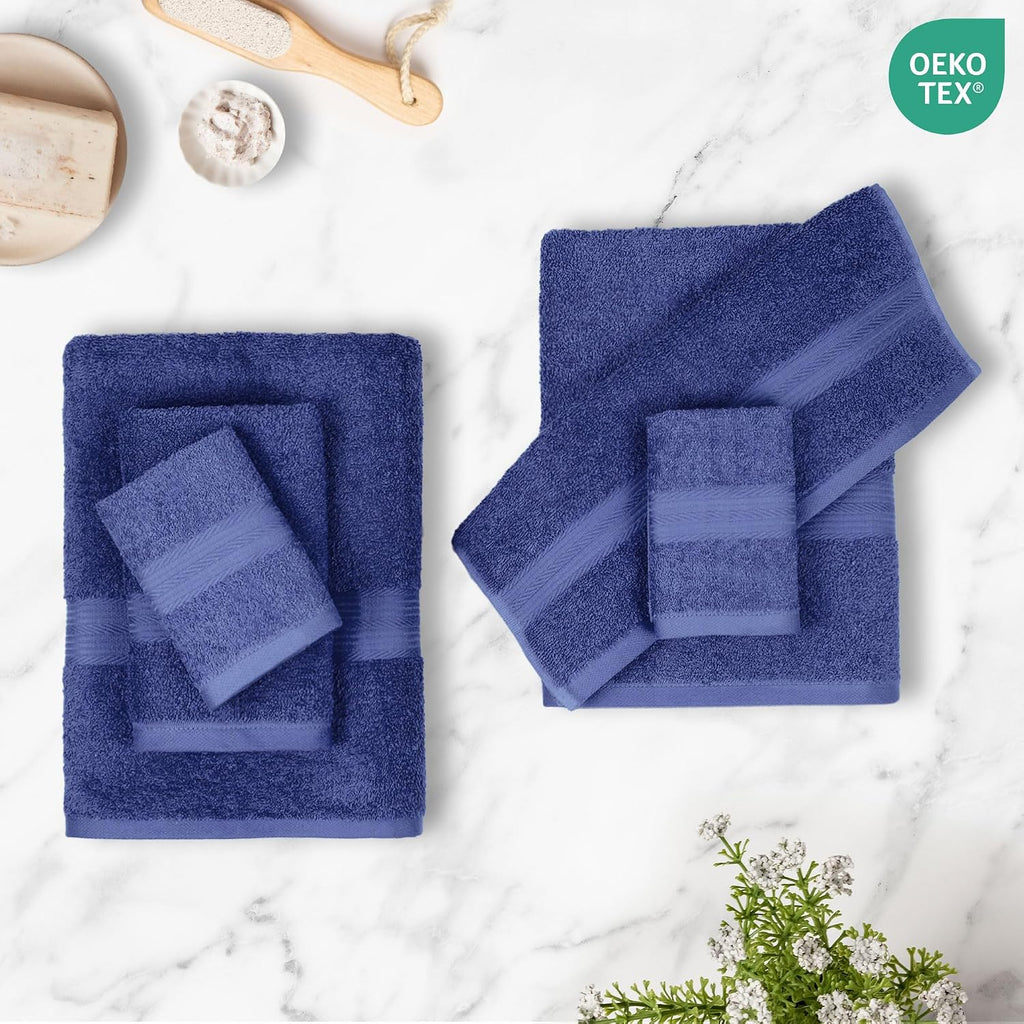 6-Piece Fade-Resistant 100% Cotton Towel Set, Soft and Absorbent, 2 Bath Towels, 2 Hand Towels, 2 Washcloths, Navy