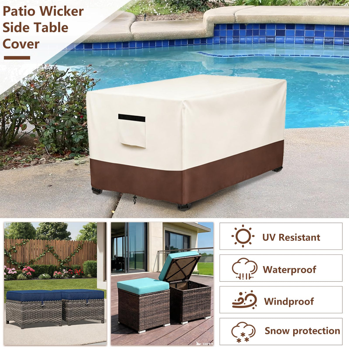 Waterproof Patio Small Side Table Cover, Rectangle Outdoor Ottoman Covers, Heavy Duty 600D Patio Wicker Side Table