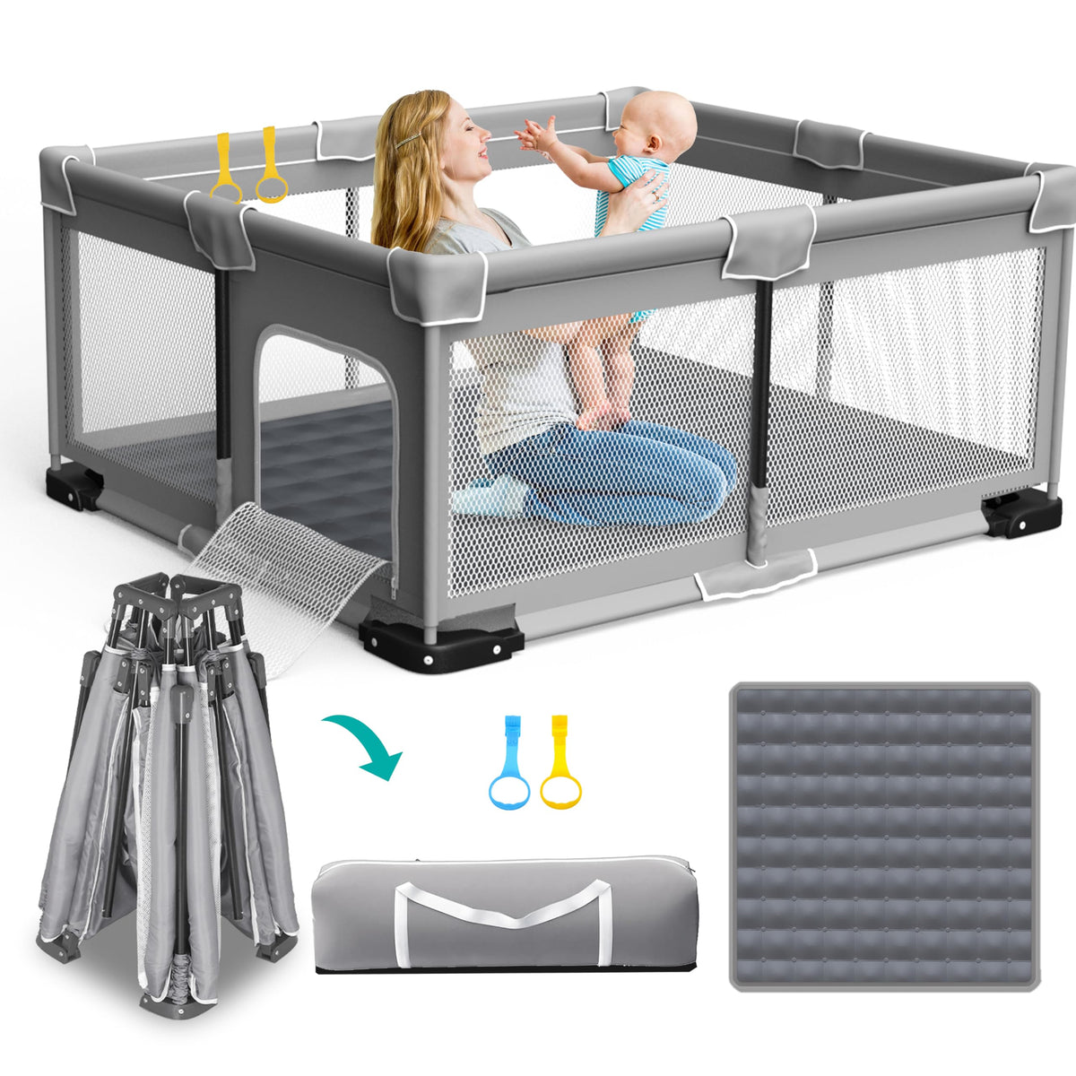 Foldable Playpen for Babies and Toddlers, 71"x59" Inches Portable Playpen with Mat, Kids Collapsible Play Pen with 2