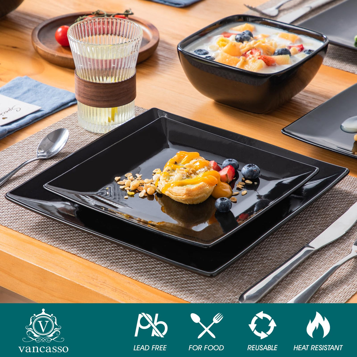 Soho Dinnerware Sets 12 Pieces, Black Stoneware Square Place Setting, Plates and Bowls Sets, Dinner Plate, Dishes Set