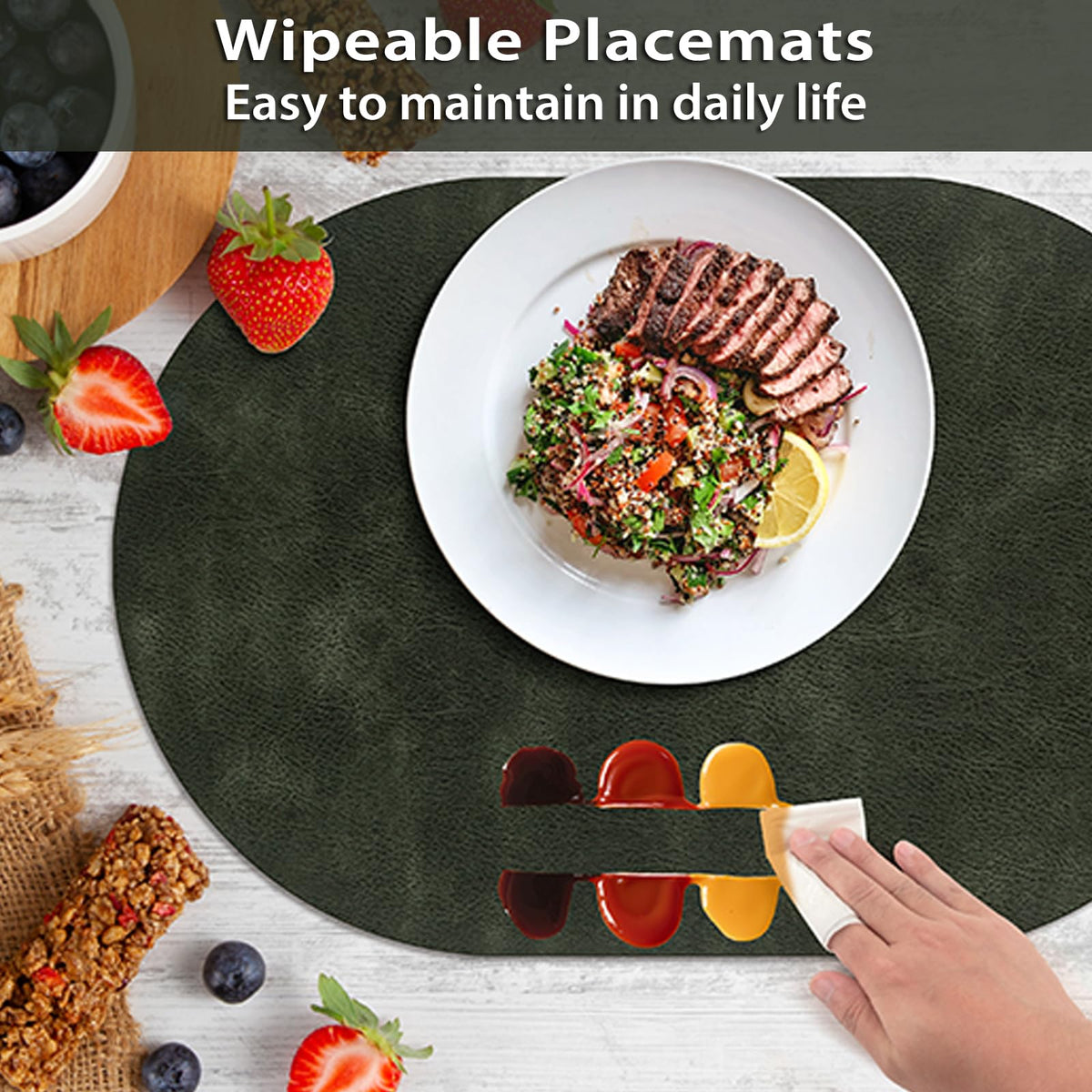 Oval Placemats Set of 12, Wipeable Faux Leather, Olive Green