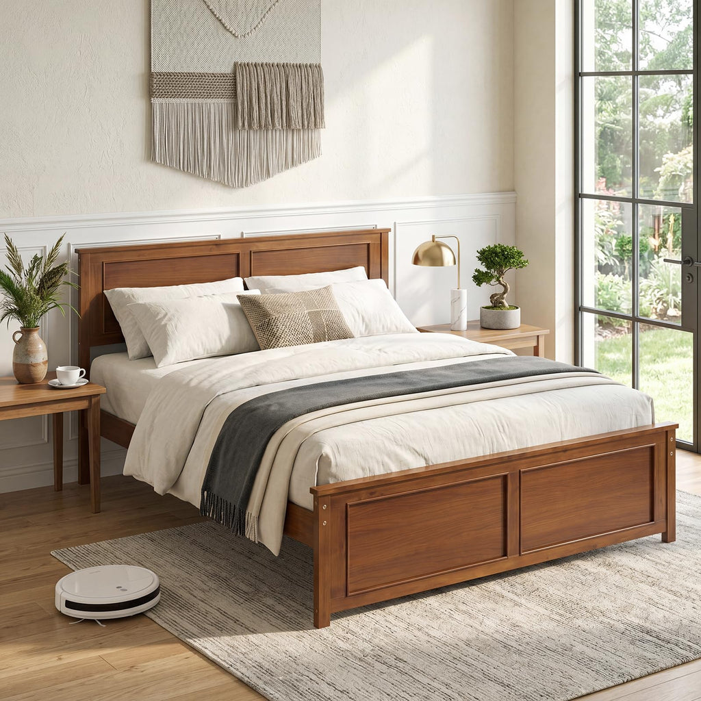 Queen Size Bed Frame, Farmhouse Wooden Platform Bed with Headboard
