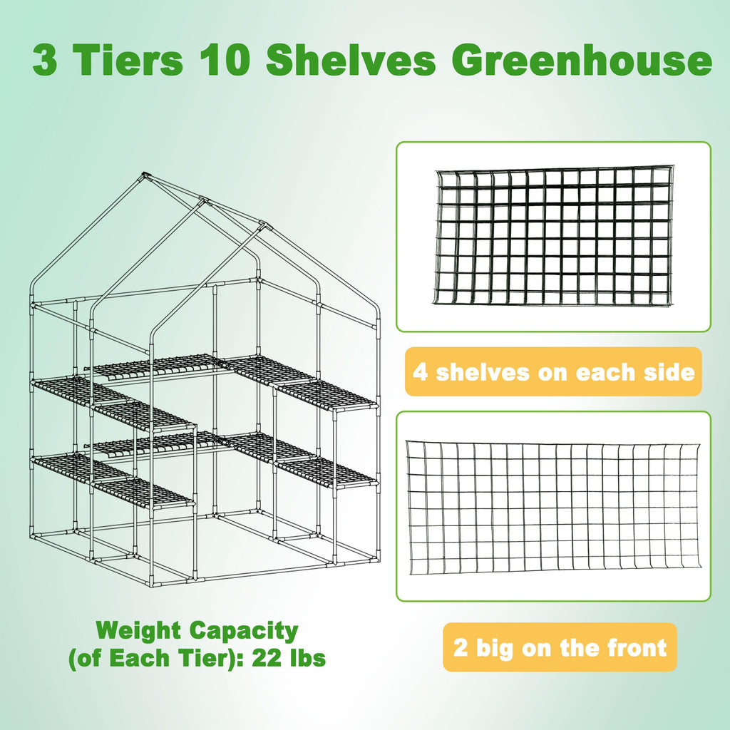 Walk-in Greenhouse, 57 x 61 x 80 in, 3 Tiers 10 Shelves