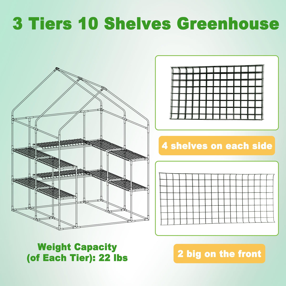 Walk-in Greenhouse, 57 x 61 x 80 in, 3 Tiers 10 Shelves