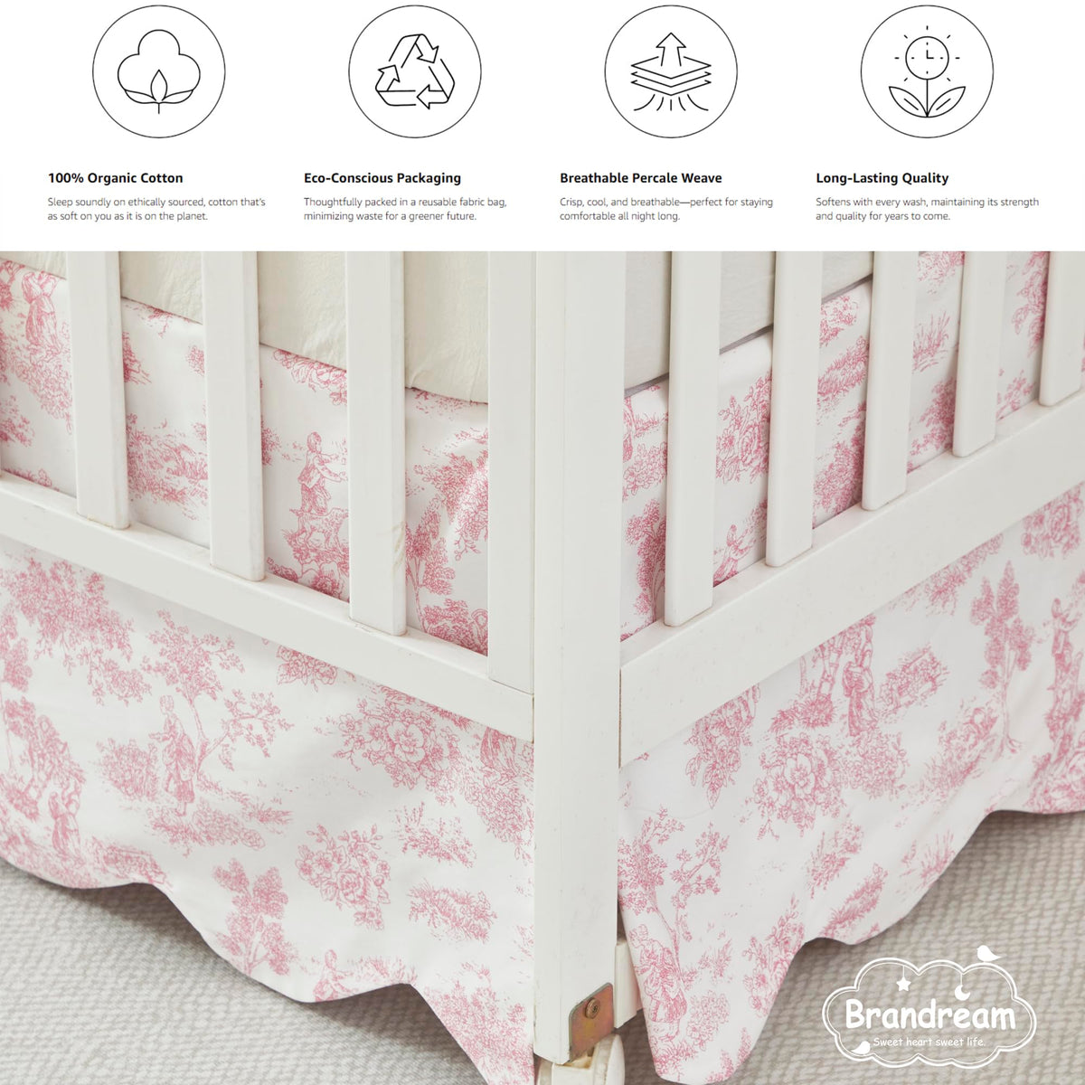 Scallop Edge Cotton Crib Skirt, Baby Girl, French Country Pink Toile Crib Skirt Toddler Bedskirt Farmhouse Chic