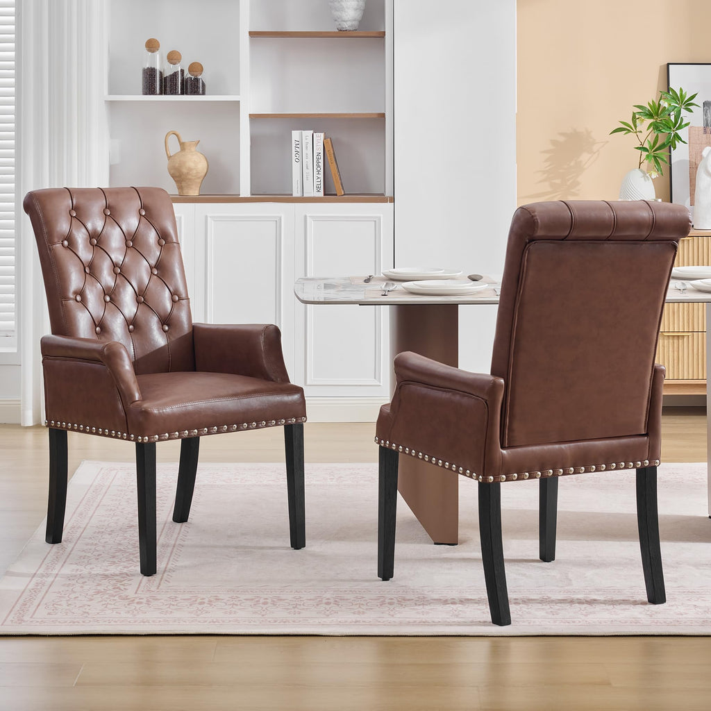 PU with Arms, High Back Dining Room Chairs, Brown