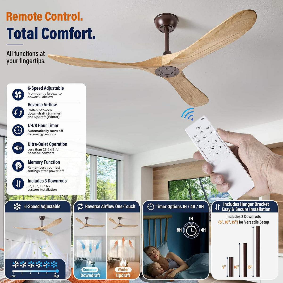 Inspired Maverick Style 60" Ceiling Fan No Light, 3 Solid Wood Blades, Oil Rubbed Bronze Motor, Quiet Reversible DC Motor with Remote Control