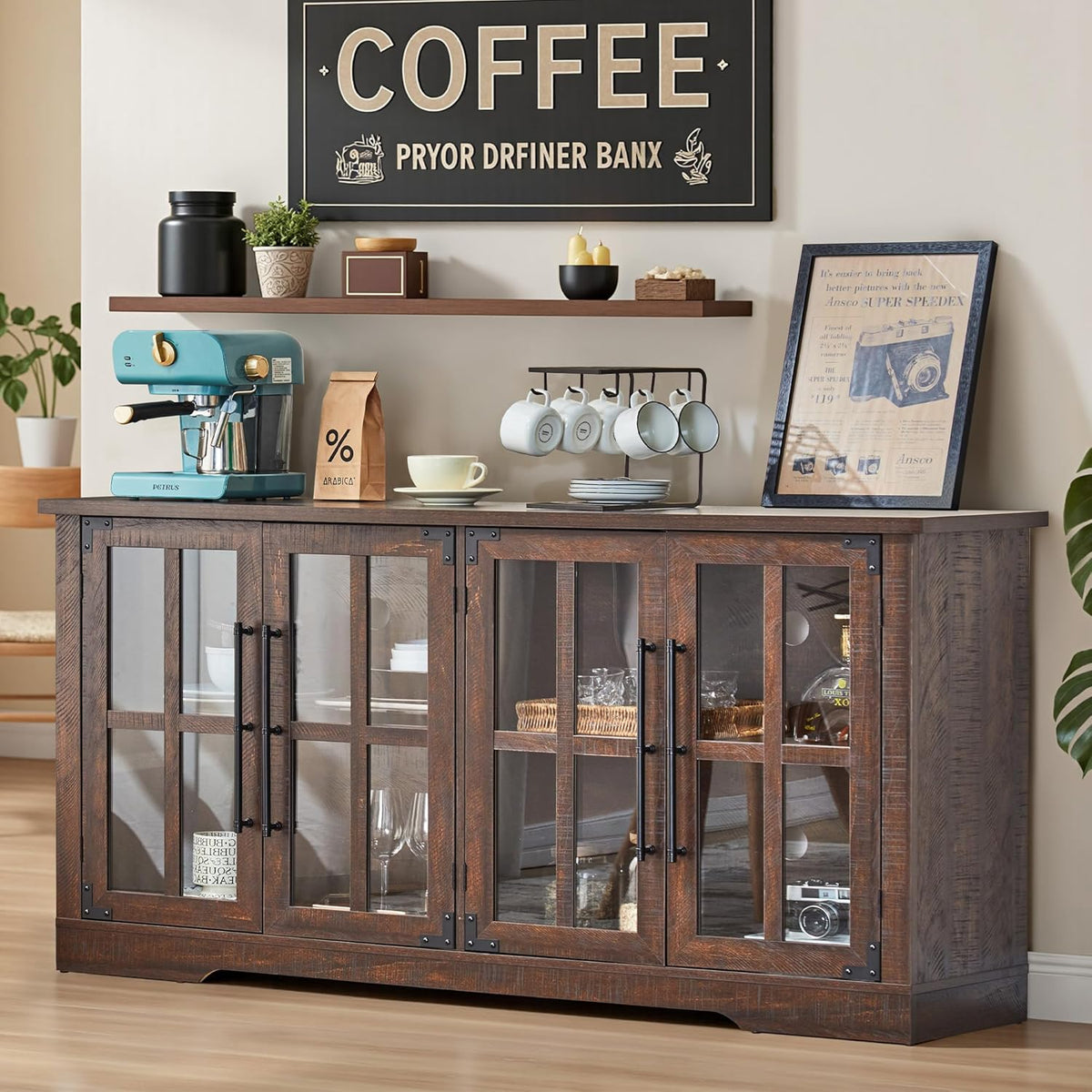 Farmhouse 63" Buffet Sideboard Cabinet with Glass Door, Large Storage Cabinet with Adjustable Shelf