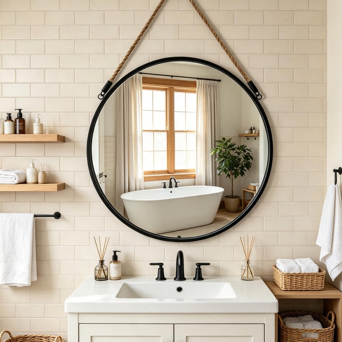 24" Round Wall Mirror with Jute Rope, Circle Hanging Mirror for Wall