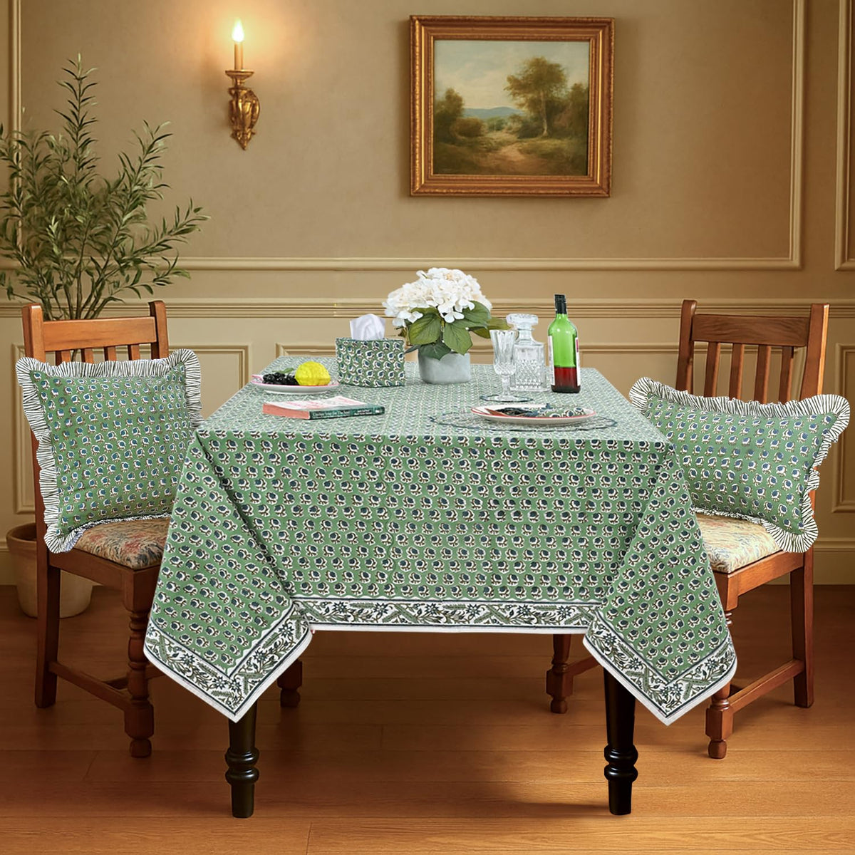 Basil Green, Peacock Blue Hand Block Print Cotton Cloth Dinning Table Cover Wedding Farmhouse Thanks Giving Christmas