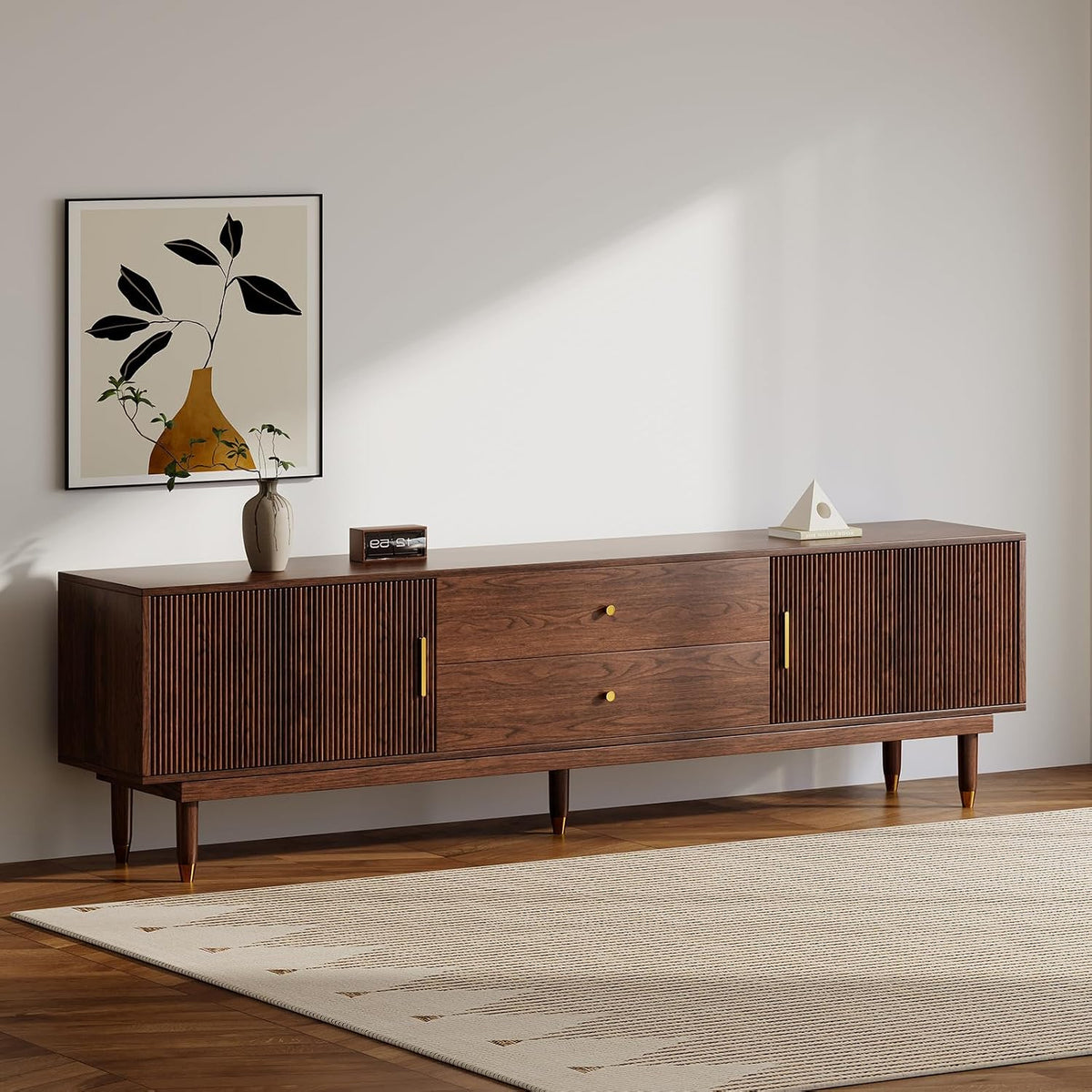78.7" Mid Century Modern TV Stand for 90 inch TV , Walnut | TV Console with 2 Storage Cabinet & 2 Drawers
