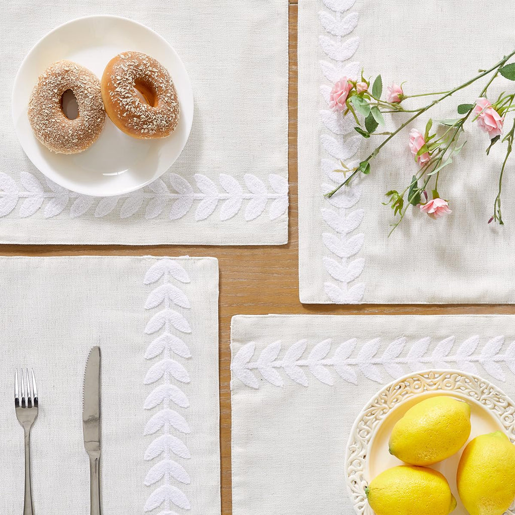 Embroidered Place Mats, White Rustic Placemats Set of 4