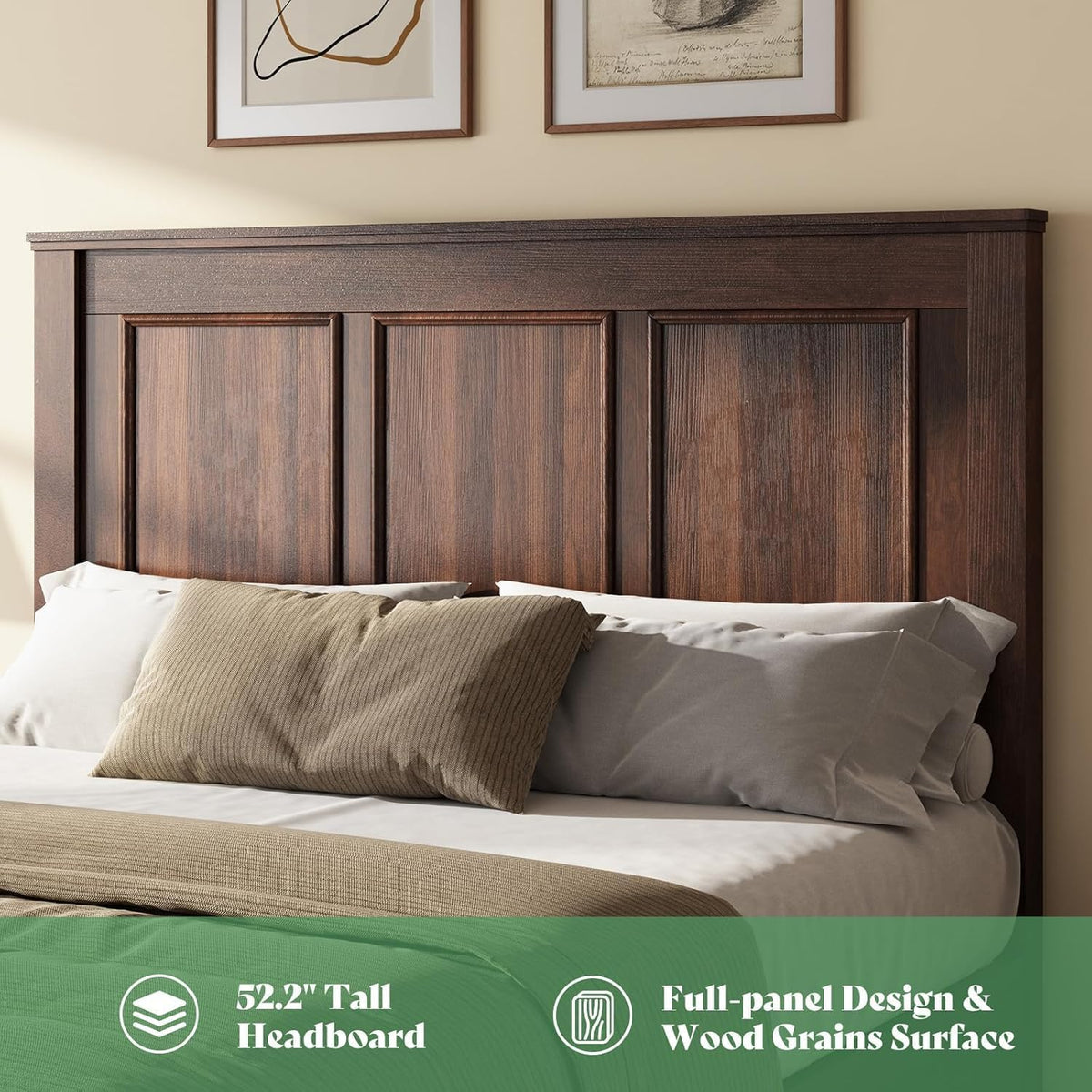 52.2" Farmhouse Bed Frame with Headboard, Rustic Brown