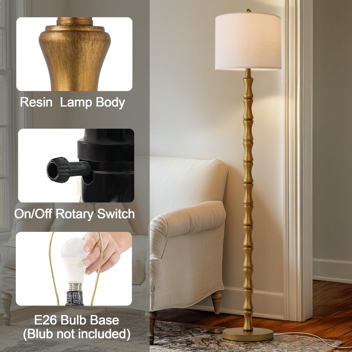 62" Rustic Floor Lamp, Retro Farmhouse Standing Lamp with Rotary Switch, Resin Antique Gold Floor Lamp, Elegant Home