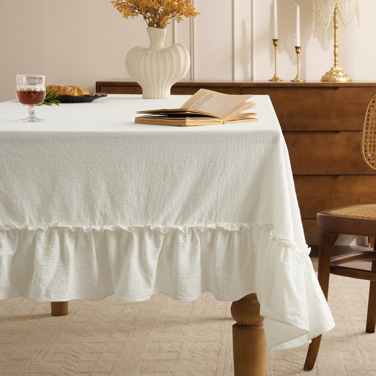 Ruffled Rectangle Tablecloth, White, 60 x 120 Inch