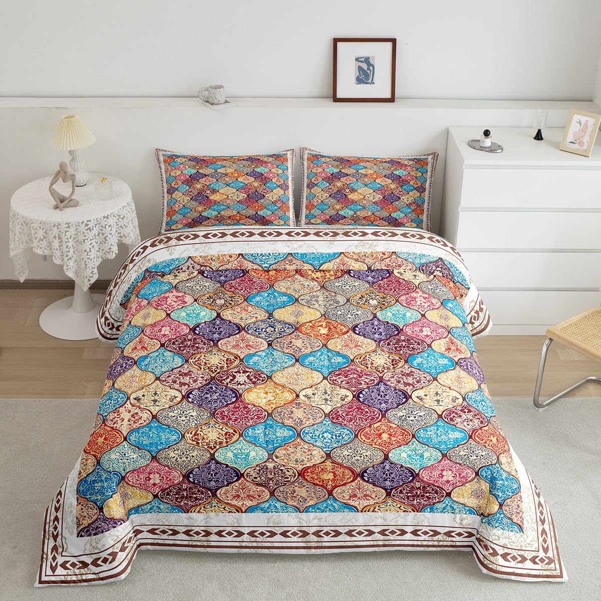 Exotic Style Comforter Set Queen Boho Damask Flower Bedding Set for Women Exotic Tribal Colorful Bohemian Down