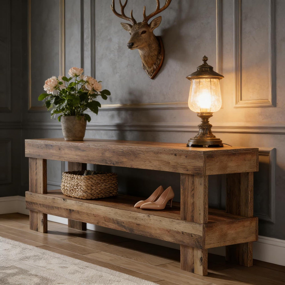 59 Inch Entryway Bench with Shoe Storage Shelf, 2-Tier Shoe Seat with 3.35 Inch Thickened Top, Long Farmhouse End of