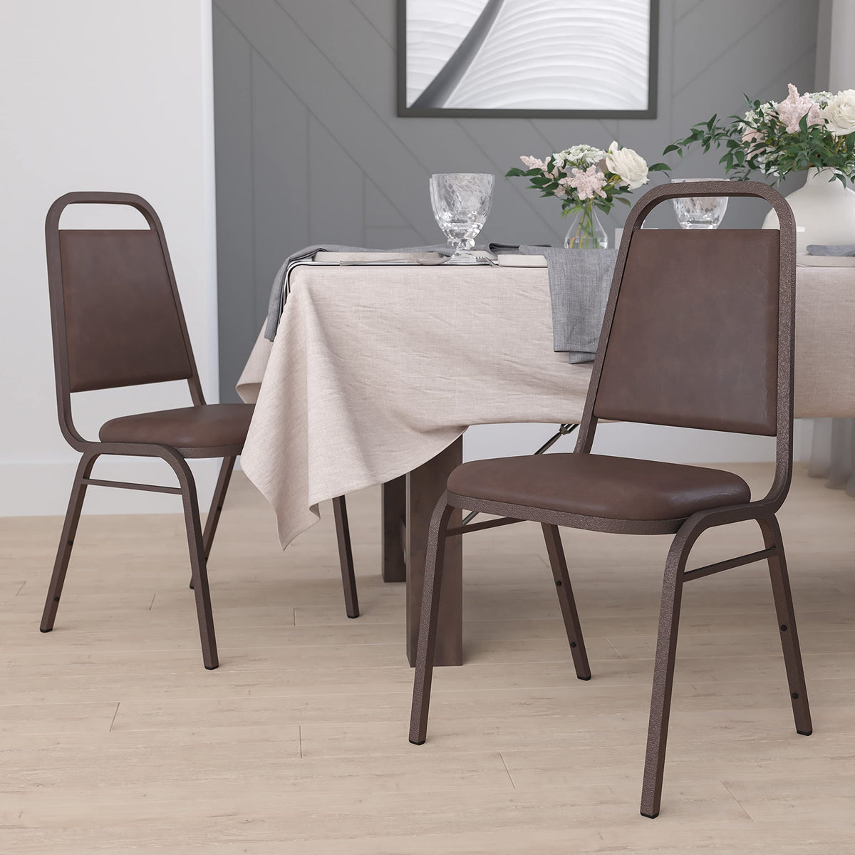 4 Pack HERCULES Series Trapezoidal Back Stacking Banquet Chair in Brown Vinyl - Copper Vein Frame