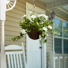 Faux Flowers White Geranium Hanging Natural and Lifelike Floral Arrangement with Basket