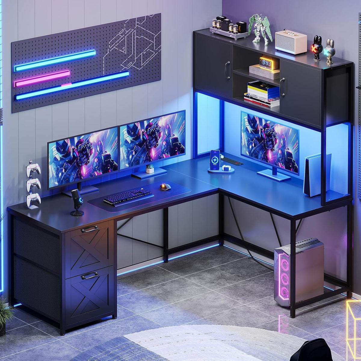 Reversible L Shaped Corner Gaming Desk with Drawers, Led Lights | Corner Computer Desk with Fabric Drawers, Power