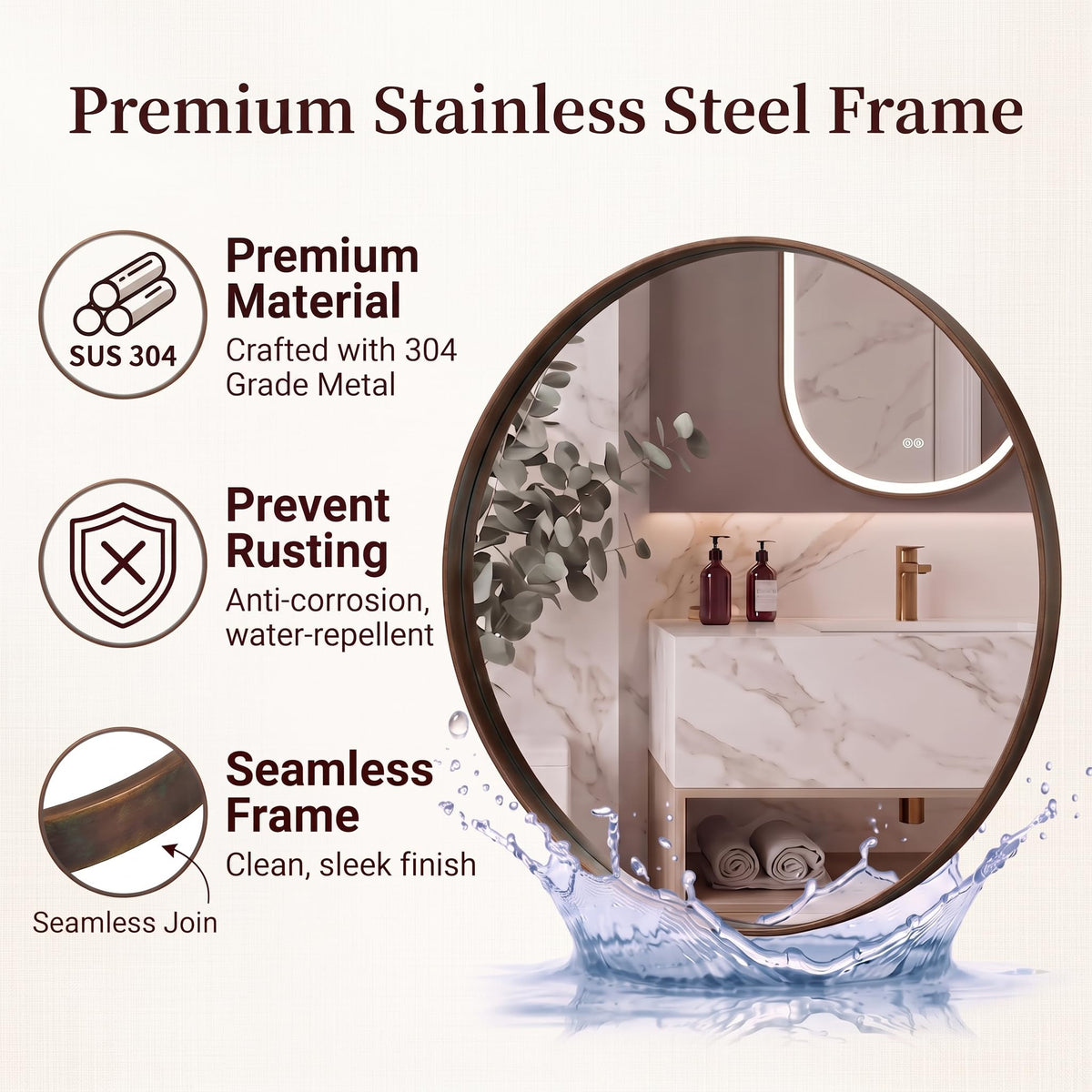 Bronze Round Mirror 36 inch, Oil Rubbed Bronze Round Mirror in Metal Frame, Anti-Rust Large Bronze Vanity Mirror, HD