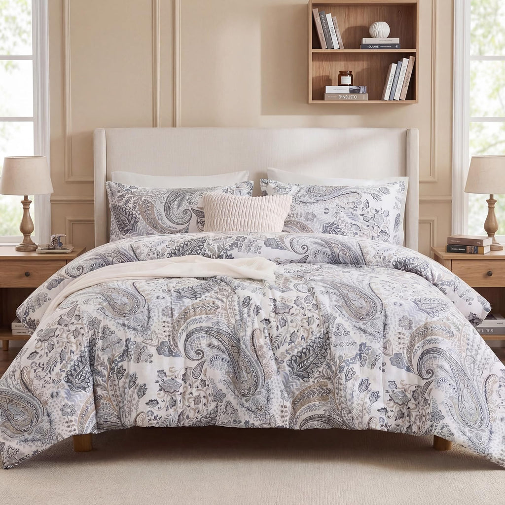Blue Paisley Duvet Cover Queen Size 100% Cotton Soft & Breathable 3 Pcs Luxury Bedding Duvet Cover Sets with Zipper