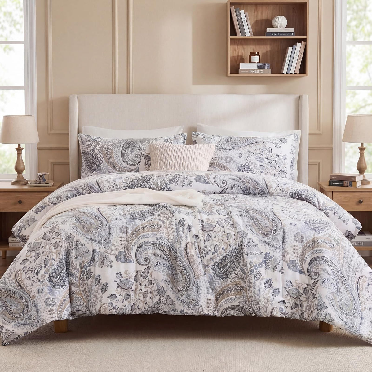 Blue Paisley Duvet Cover Queen Size 100% Cotton Soft & Breathable 3 Pcs Luxury Bedding Duvet Cover Sets with Zipper