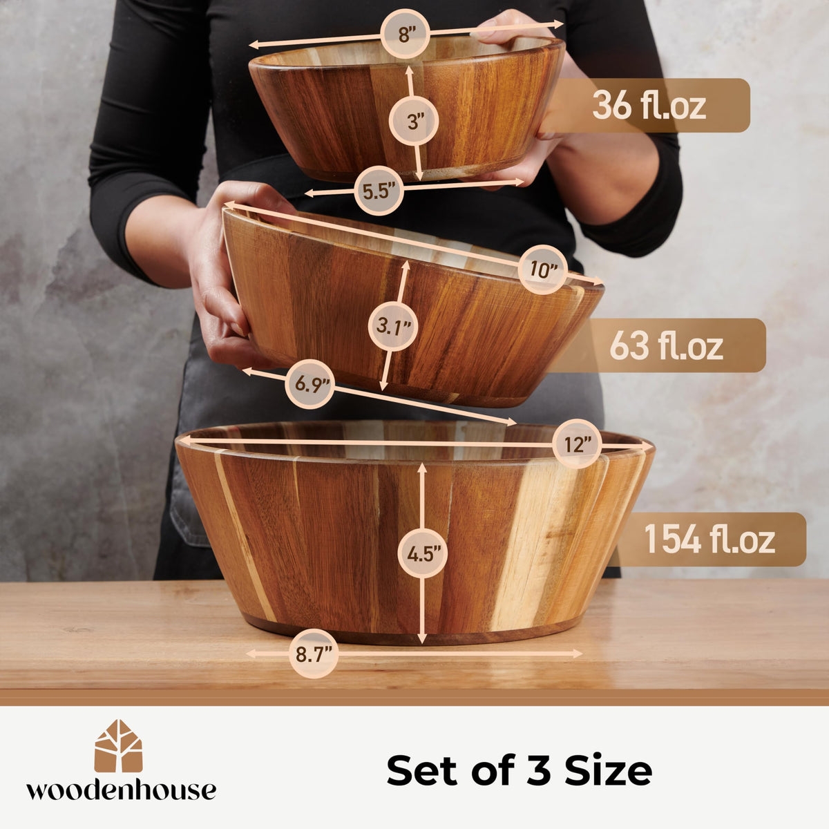 Wooden Salad Bowl Set of 3, Round 12" 10" 8" Wood Bowls for Serving Food