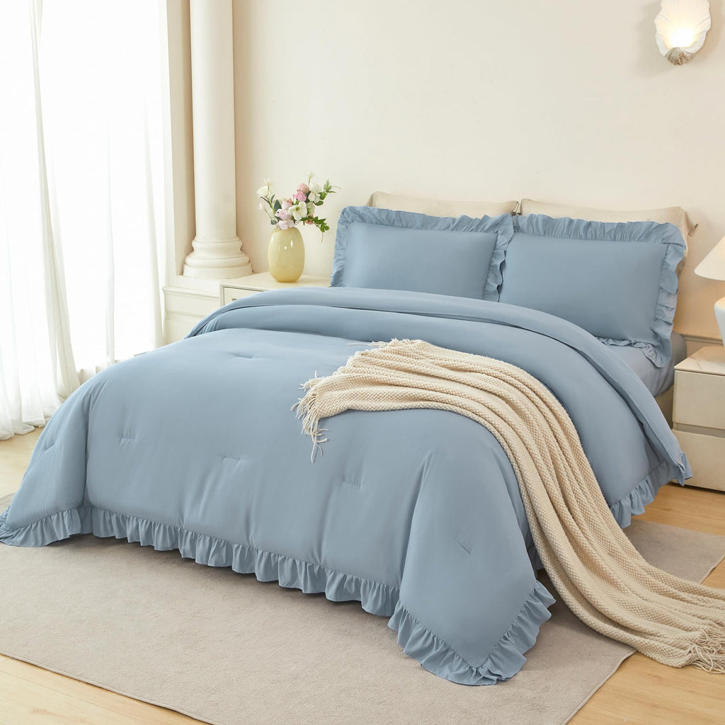 5Pcs Comforter Sets Dusty Blue Ruffle Bedding Sets
