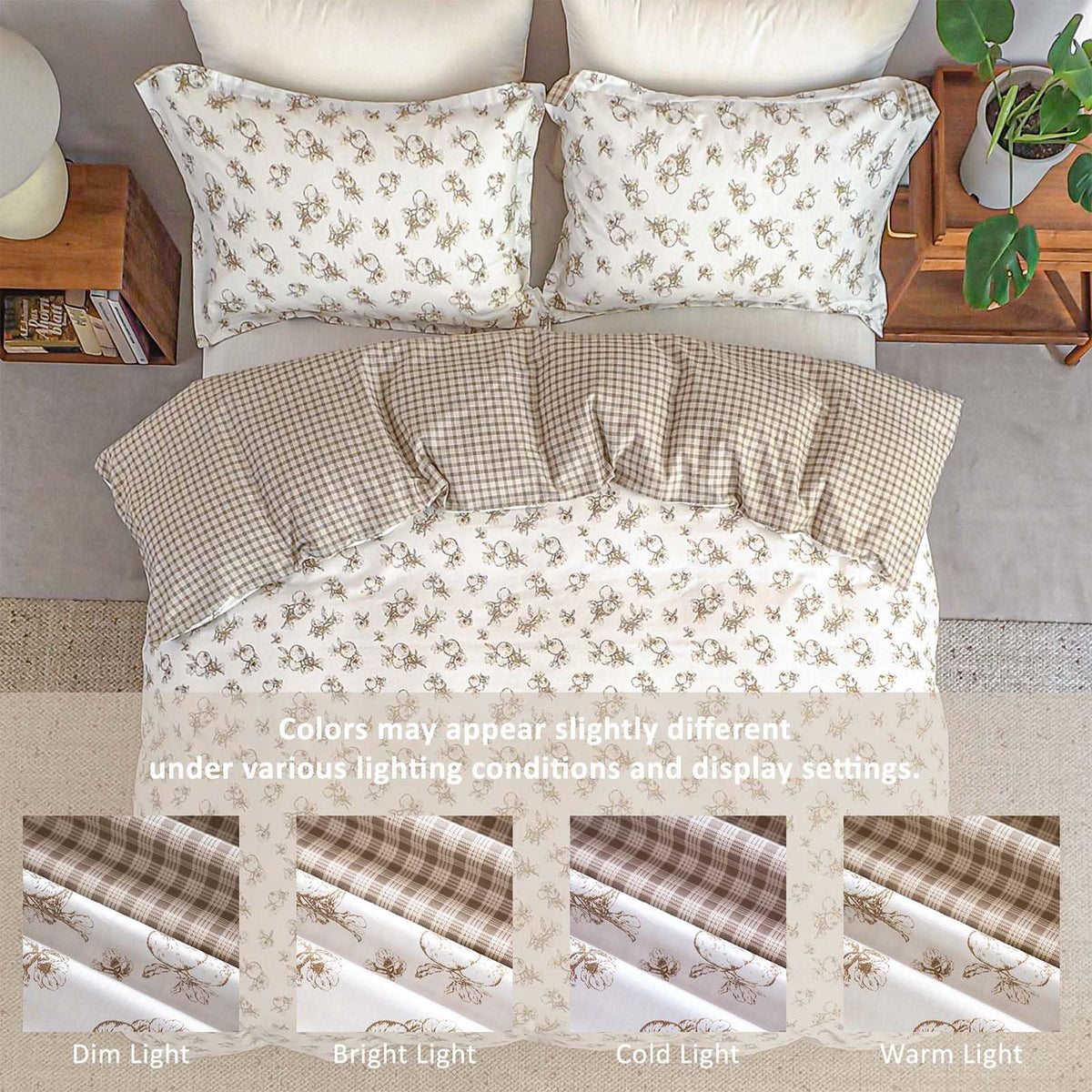 Farmhouse 100% Cotton Duvet Cover Set 3Pcs - Vintage Pomegranate Botanical Prints & Rustic Plaid Reverse