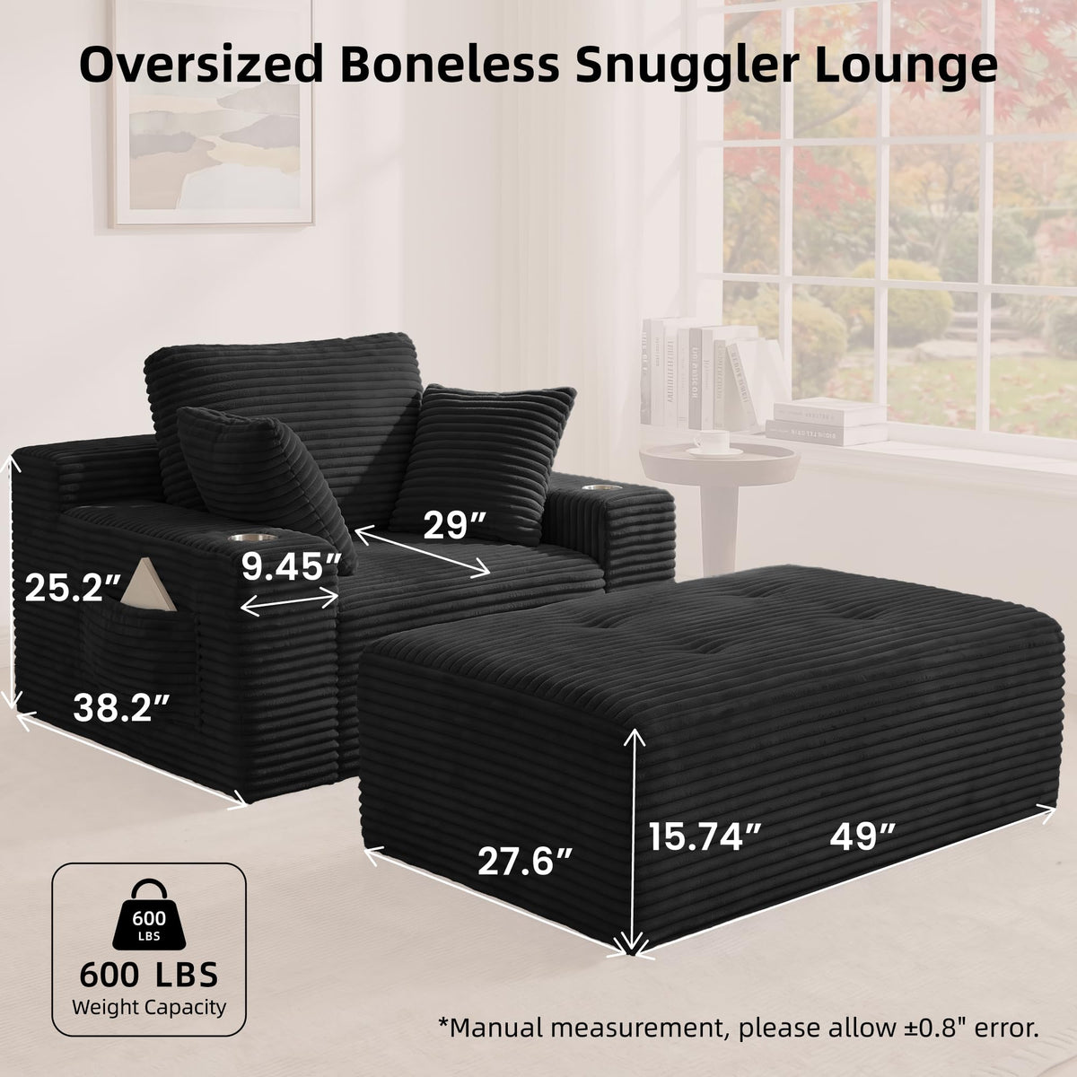 66" Oversized Boneless Chaise Lounge Chair with Ottoman Indoor