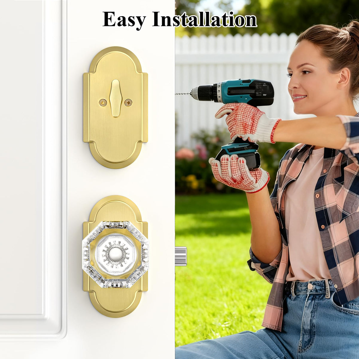 Satin Gold Door Knobs with Deadbolt, Glass Door Knob with Deadbolt Lockset