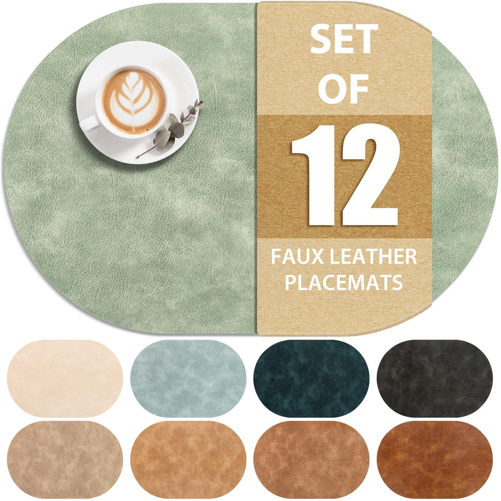 Oval Placemats Set of 12, Wipeable Faux Leather, Green