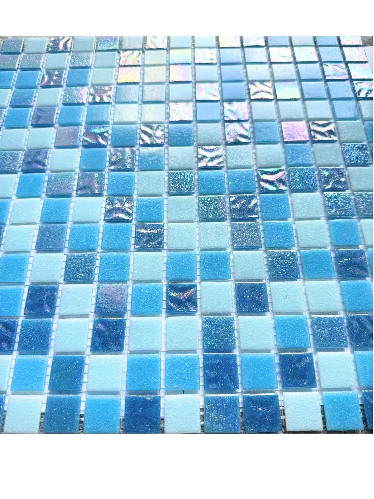 Blue Lagoon Blend Glass Mosaic Tile Sheet 12"x12" (305x305mm), 20x20mm Square Iridescent Swimming Pool Tile, Bathroom