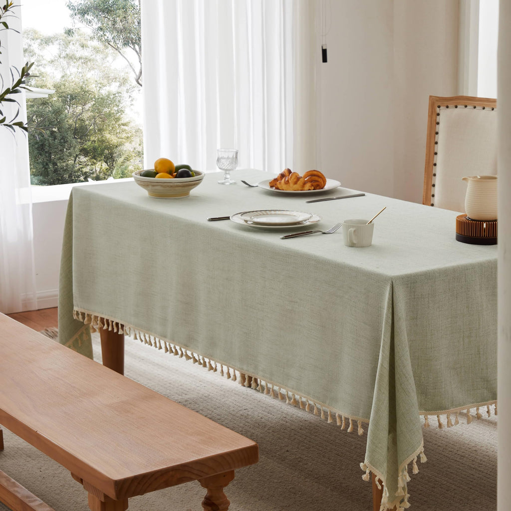 Tassel Linen Rectangular Table Cloth, Sage Green 60x84 Inch