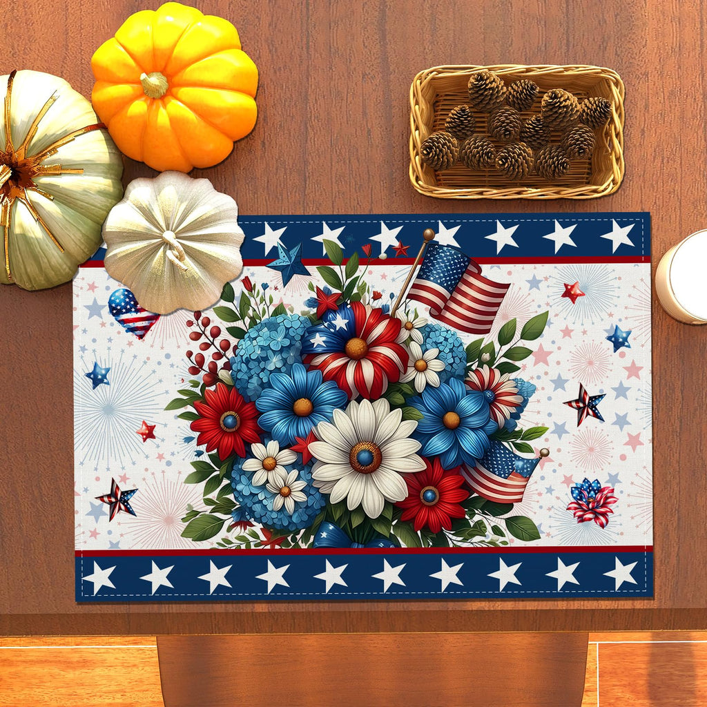 Memorial Day Patriotic 4th of July Placemats Set of 4,Red White and Blue Flowers Table Decor Veterans Day