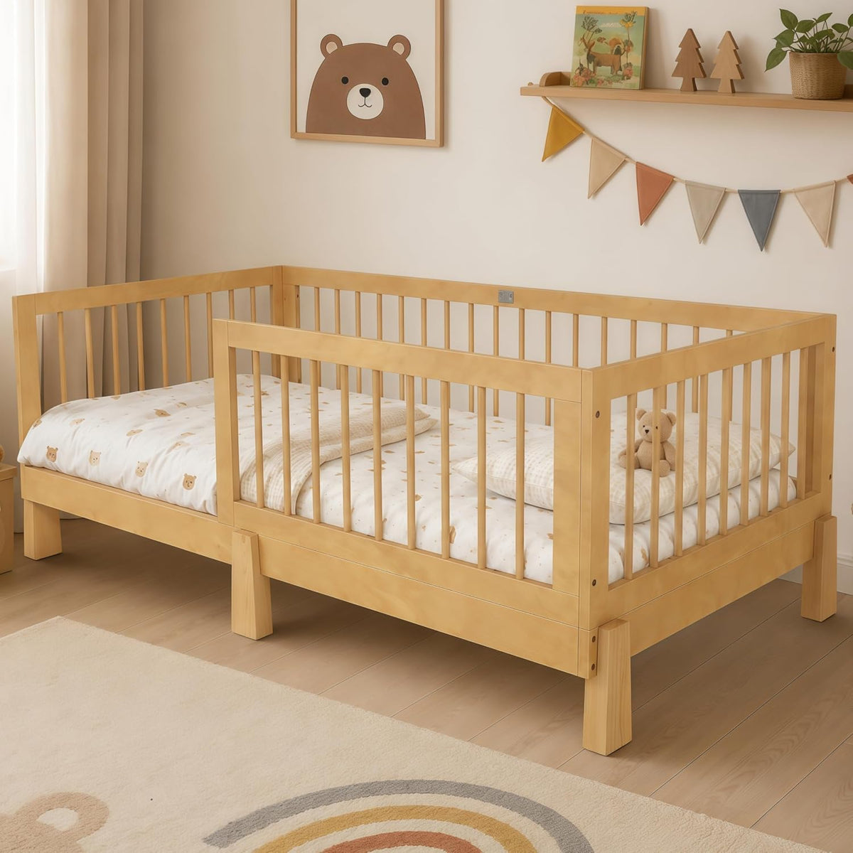 Montessori Floor Bed with Guardrails for Kids, Natural