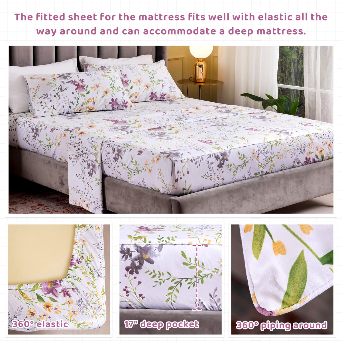 Floral Queen Size Sheet Sets - Yellow Wild Flower Botanical Pattern Egyptian Cotton Printed Bedding Sheets Set Queen