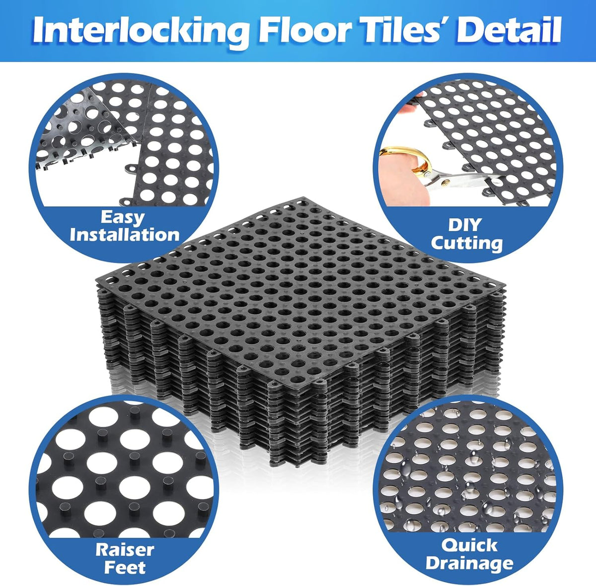 50 Pcs 11'8 x 11'8 Inches Interlocking Drainage Tiles Dry Deck with Drain Holes Non Slip Floor Mats TPE Soft for Bathroom Patio Pool Deck(Black)