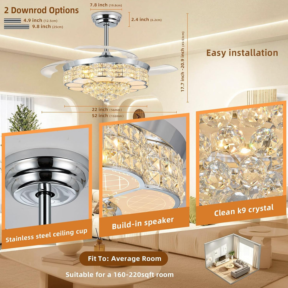 52" Crystal Retractable Ceiling Fan with Light & Remote