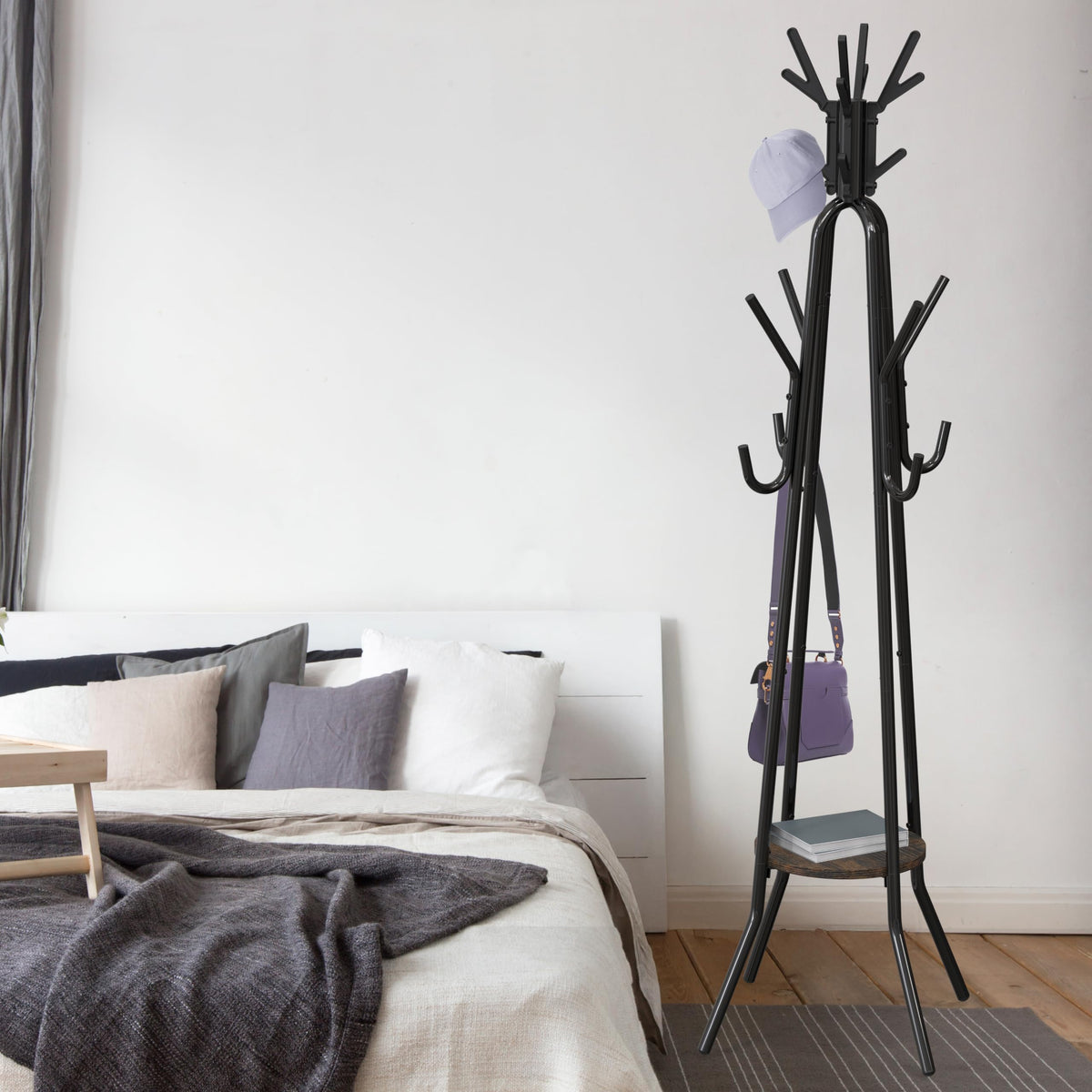 Standing Coat/Hat Rack with Shelf, 20 Hooks, Rustic Brown