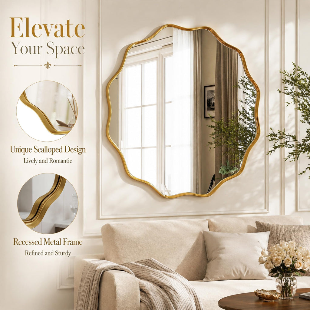 Gold Scalloped Circle Mirror, 20" Wavy Edge Round Wall Mirror